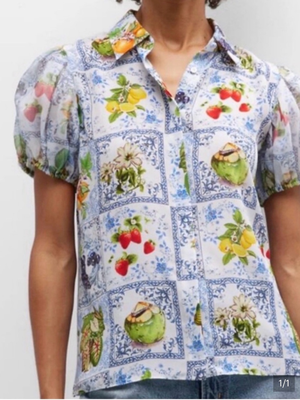 Alice + Olivia White Button-Up Shirt with Blue Tile and Fruit Motif
